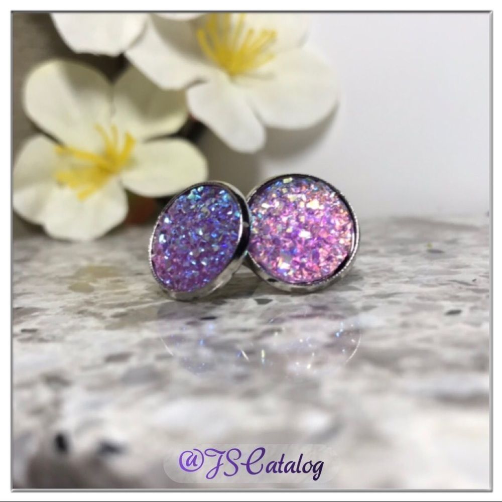 Light Purple Druzy Earrings On Round Silver Post
